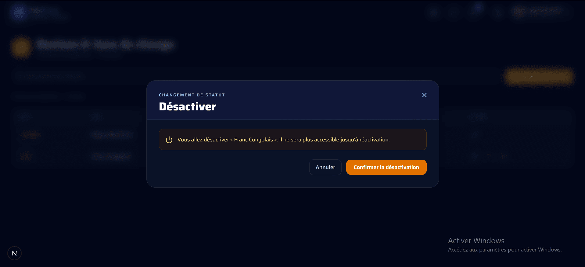 Activation d'une devise