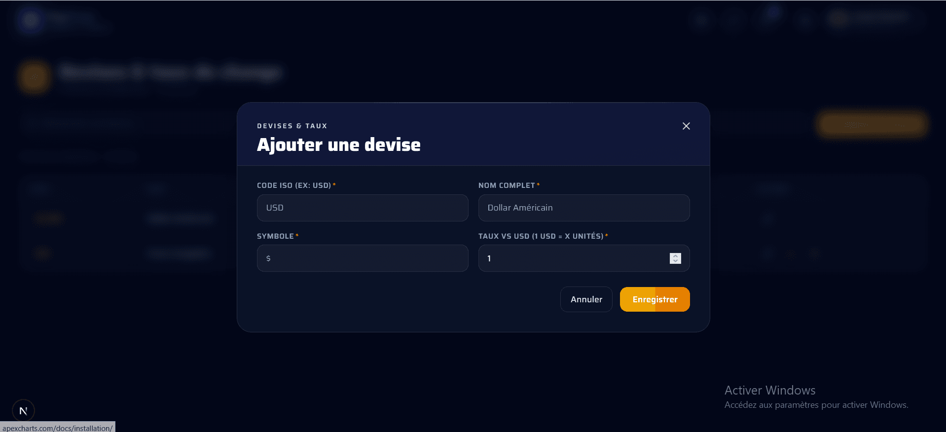 Formulaire de création d'une devise