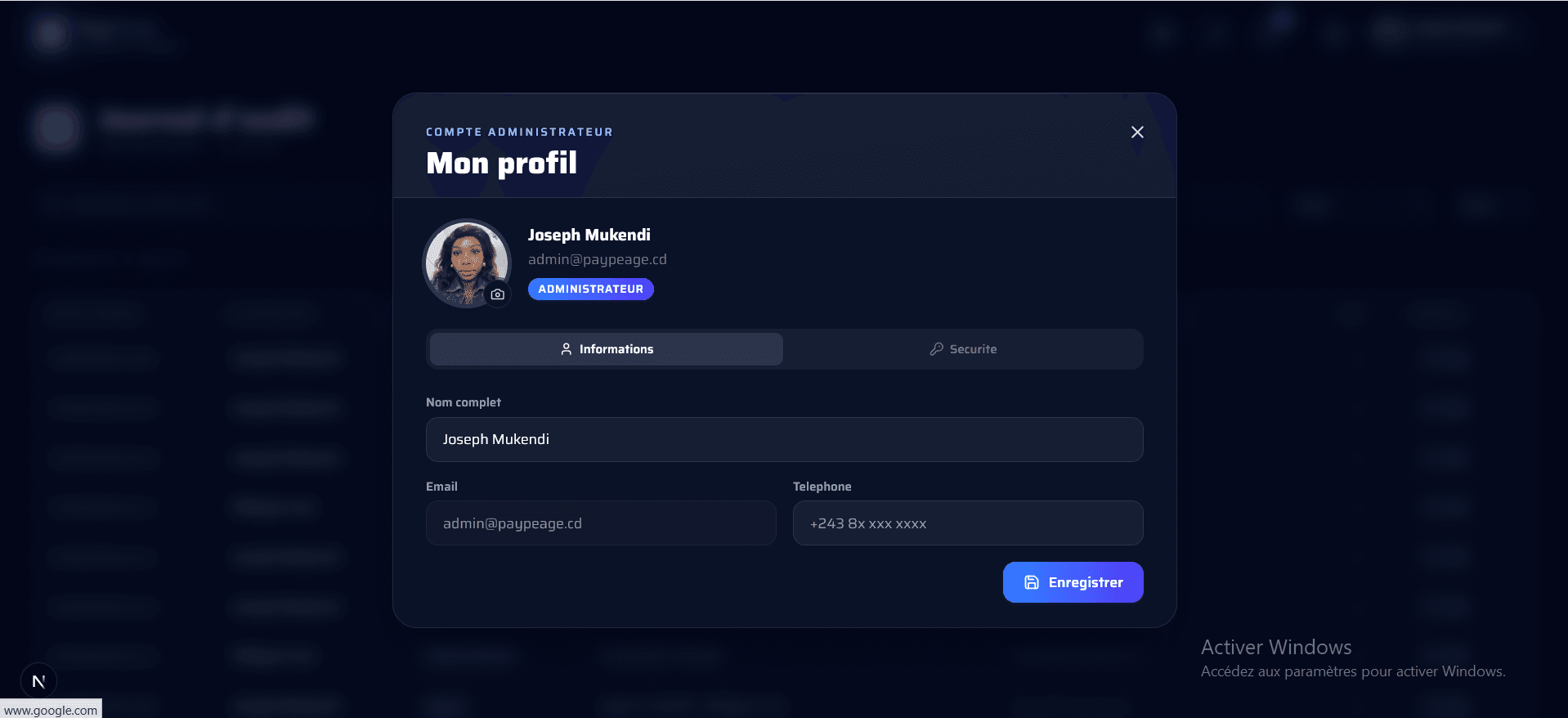 Modal profil administrateur